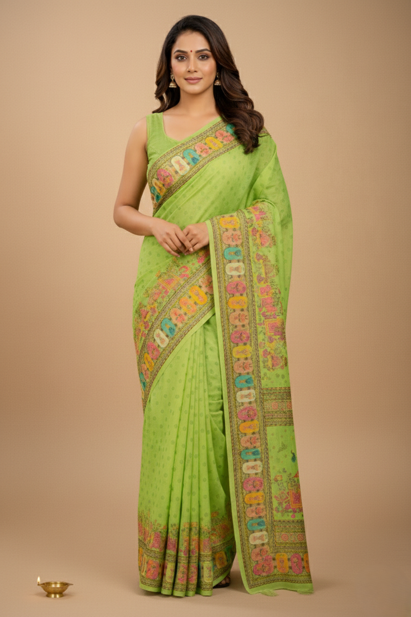 Women's Lime Green Printed Linen Blend Saree with Traditional Border