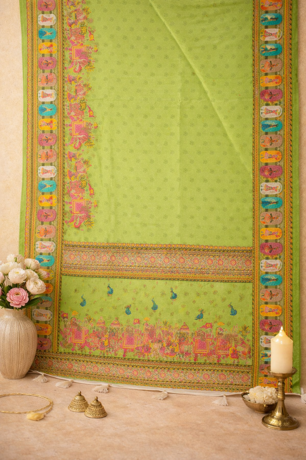 Women's Lime Green Printed Linen Blend Saree with Traditional Border