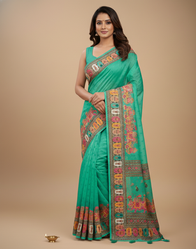 Women's Sea Green Printed Linen Blend Saree with Traditional Border