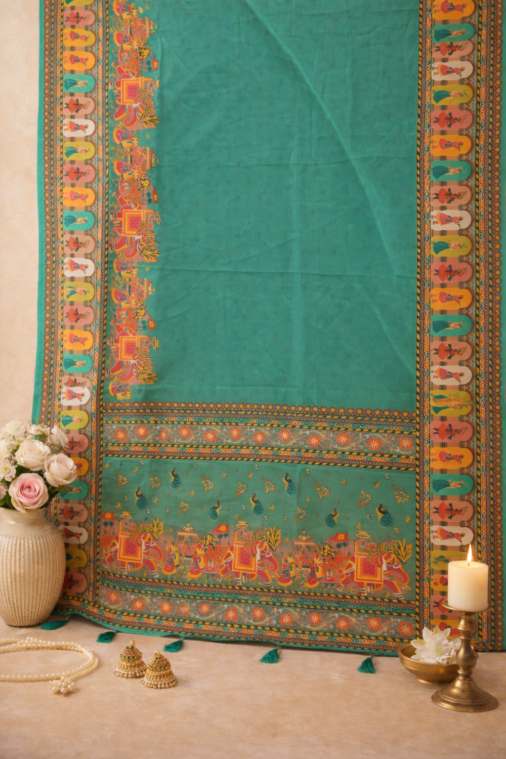 Women's Sea Green Printed Linen Blend Saree with Traditional Border