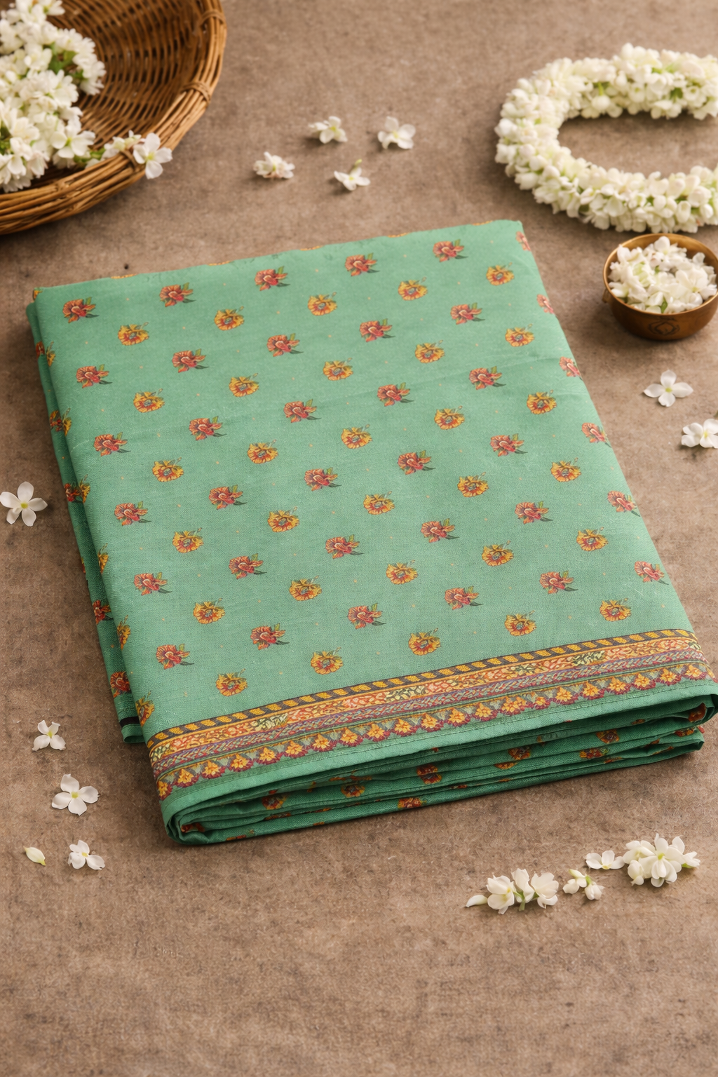 Women's Sea Green Printed Linen Blend Saree with Traditional Border