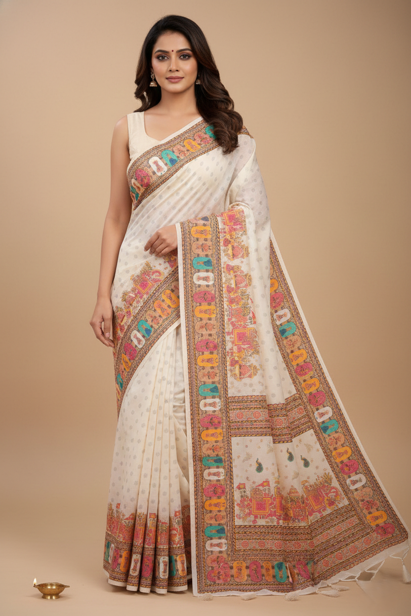 Women's Off White Printed Linen Blend Saree with Traditional Border