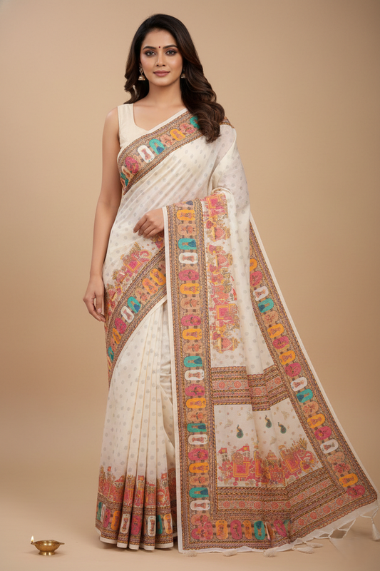 Women's Off White Printed Linen Blend Saree with Traditional Border