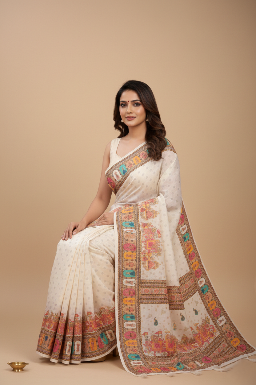Women's Off White Printed Linen Blend Saree with Traditional Border