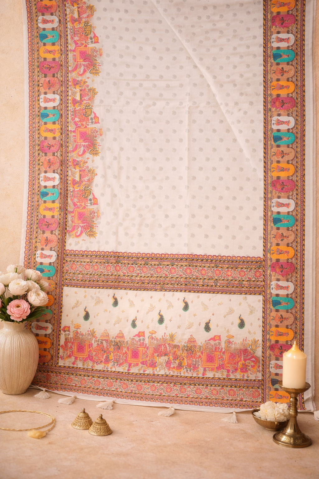 Women's Off White Printed Linen Blend Saree with Traditional Border