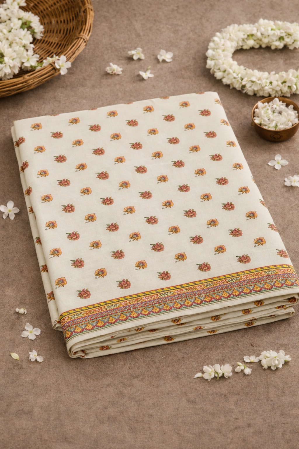 Women's Off White Printed Linen Blend Saree with Traditional Border