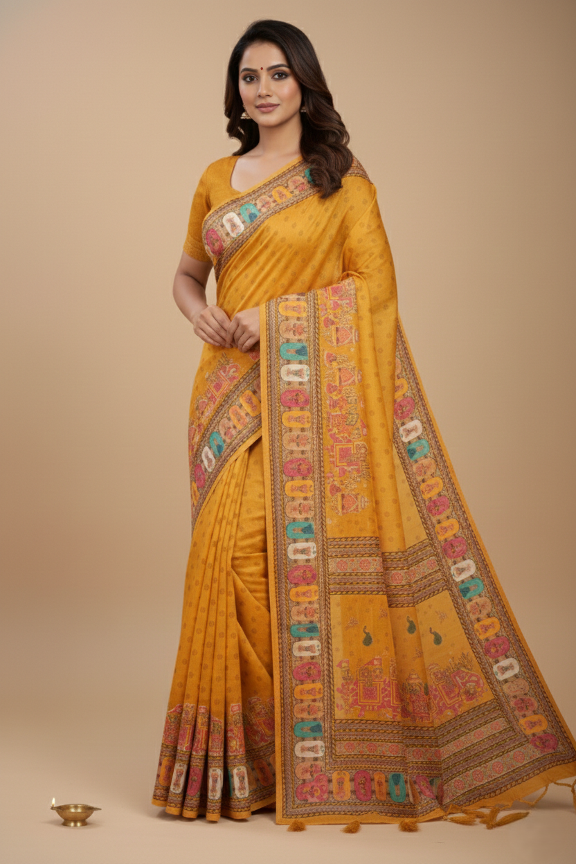 Women's Mustard Yellow Printed Linen Blend Saree with Traditional Border