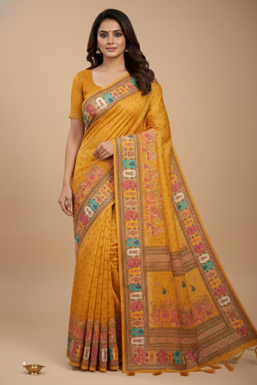Women's Mustard Yellow Printed Linen Blend Saree with Traditional Border