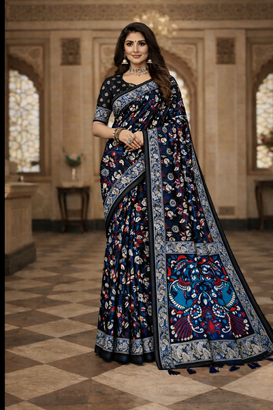 Women's Navy Blue Printed Linen Blend Saree with Traditional Border