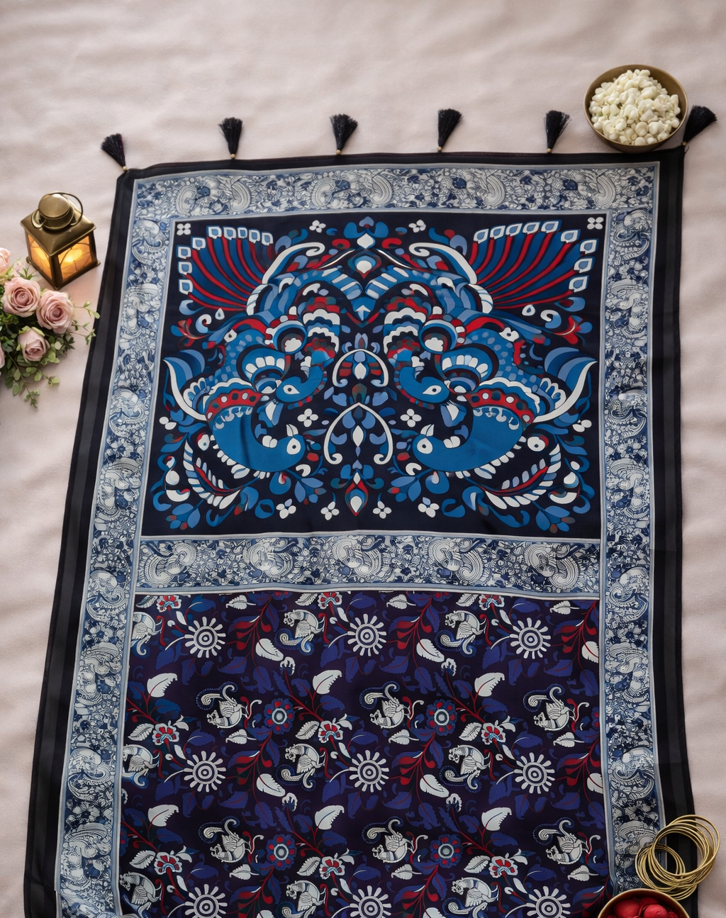 Women's Navy Blue Printed Linen Blend Saree with Traditional Border