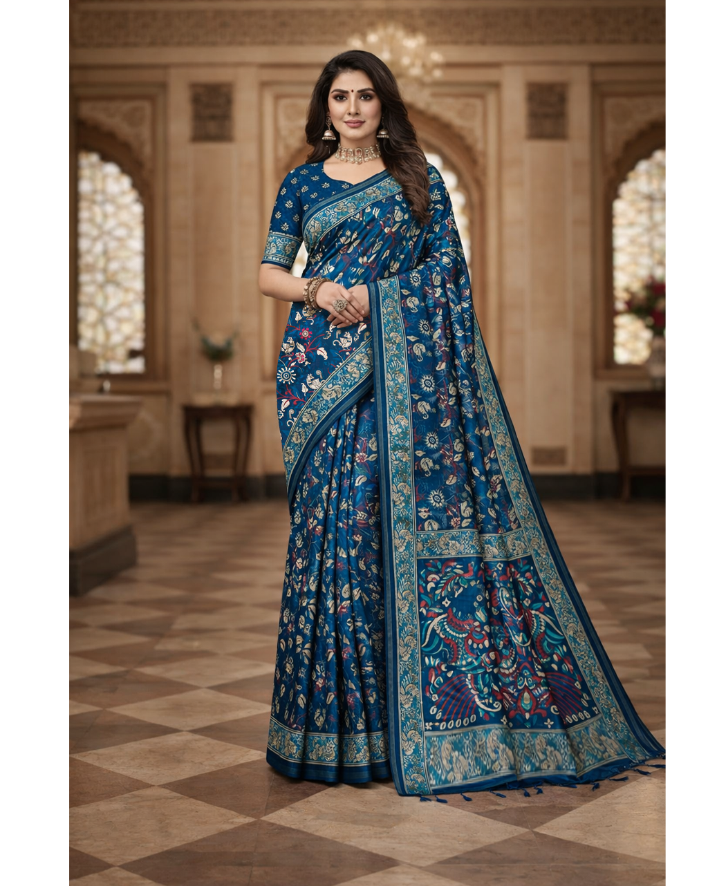 Women's Blue Printed Linen Blend Saree with Traditional Border
