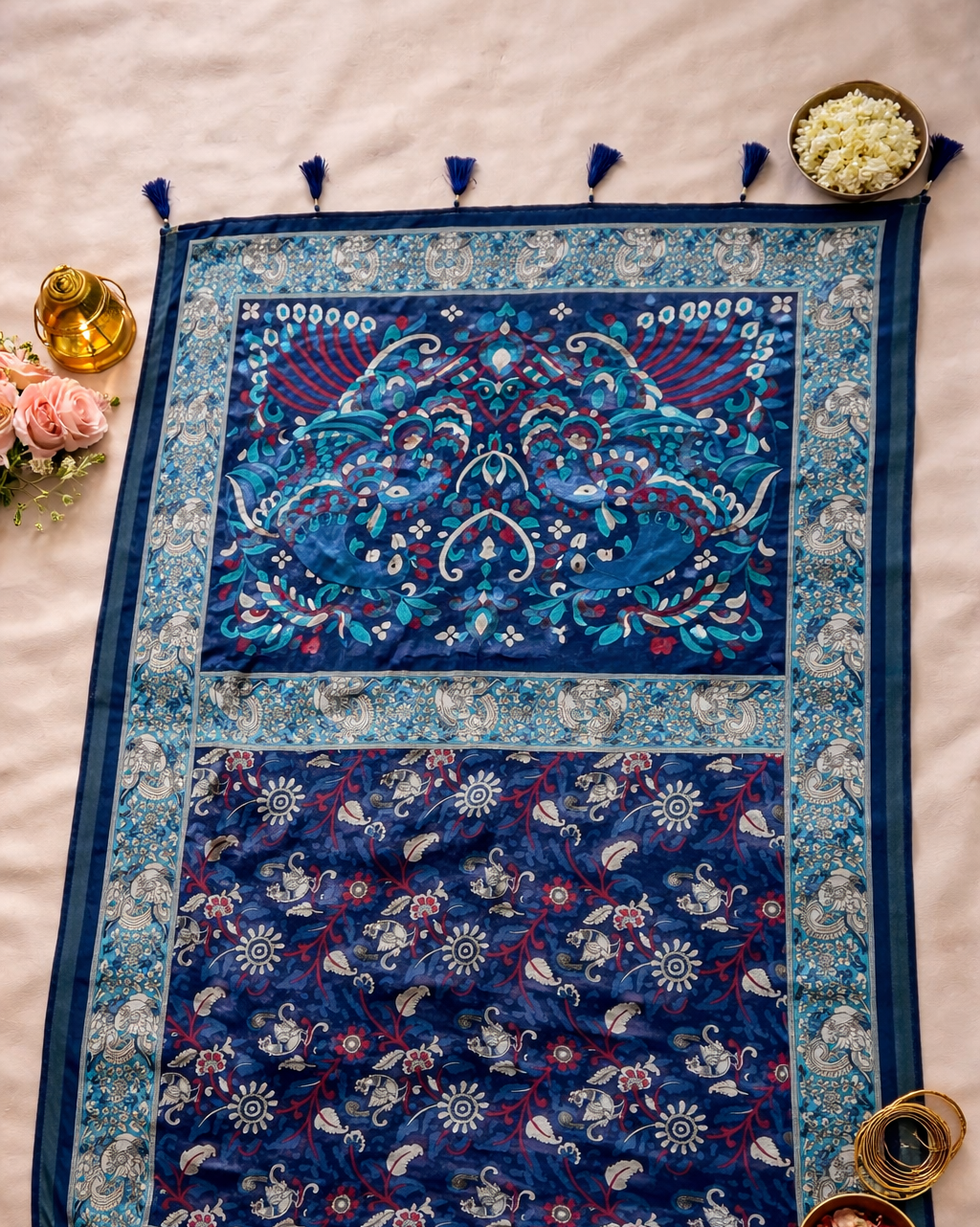 Women's Blue Printed Linen Blend Saree with Traditional Border