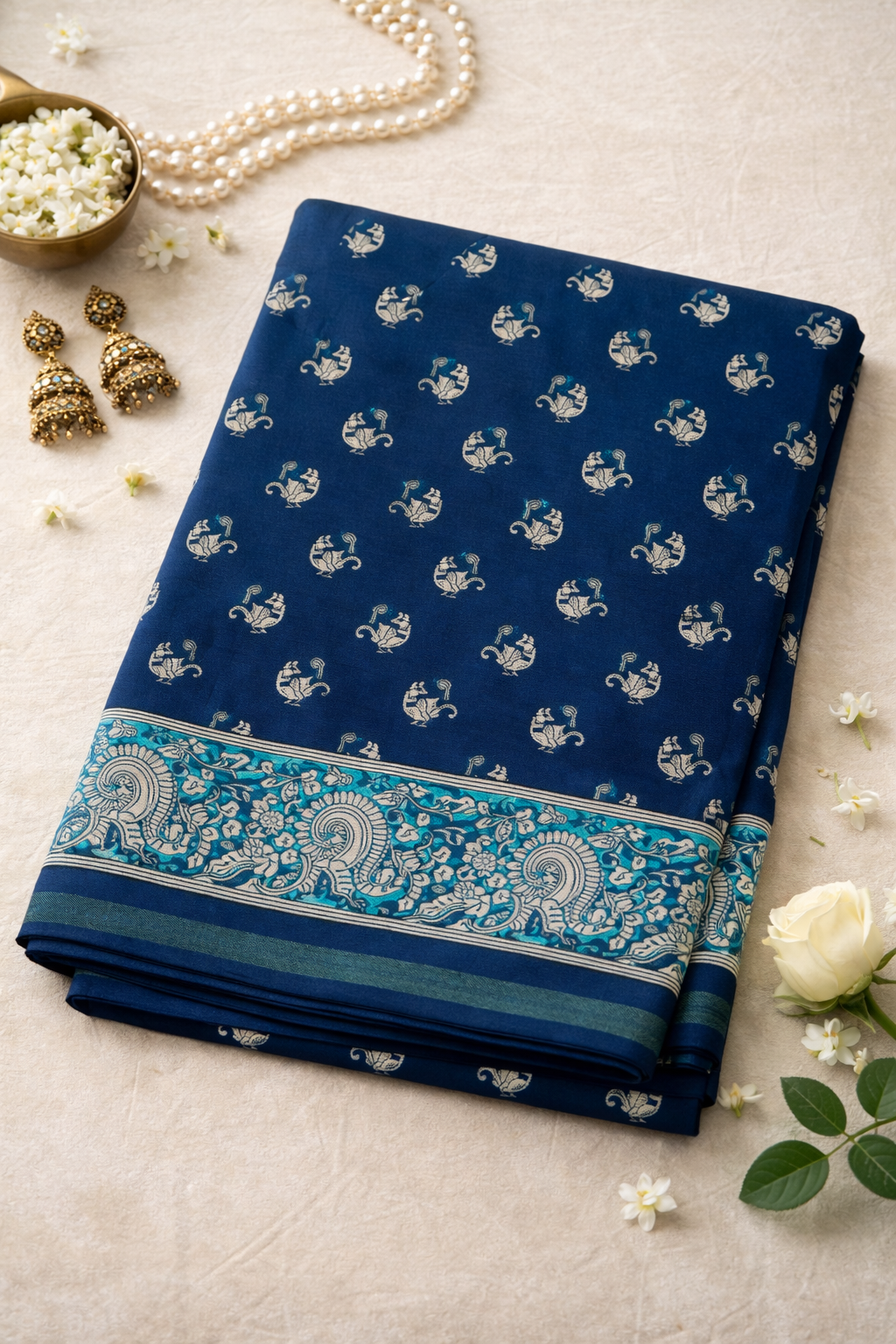 Women's Blue Printed Linen Blend Saree with Traditional Border