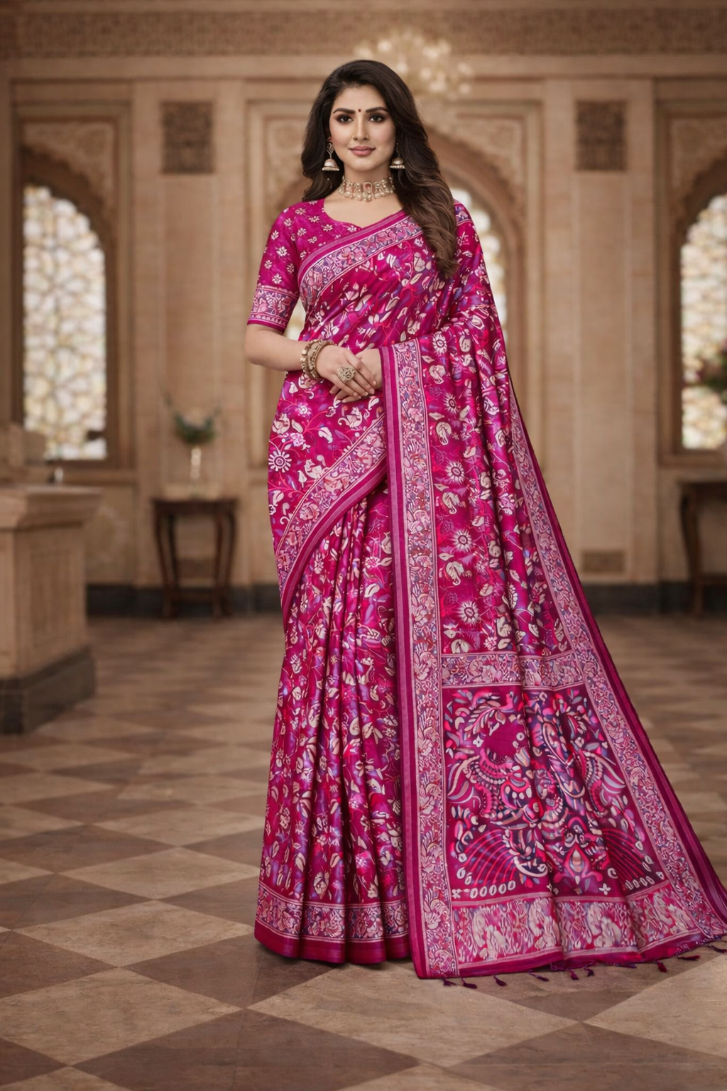 Women's Pink Linen Blend Saree with Kalamkari Border
