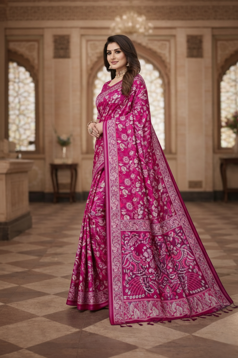 Women's Pink Linen Blend Saree with Kalamkari Border
