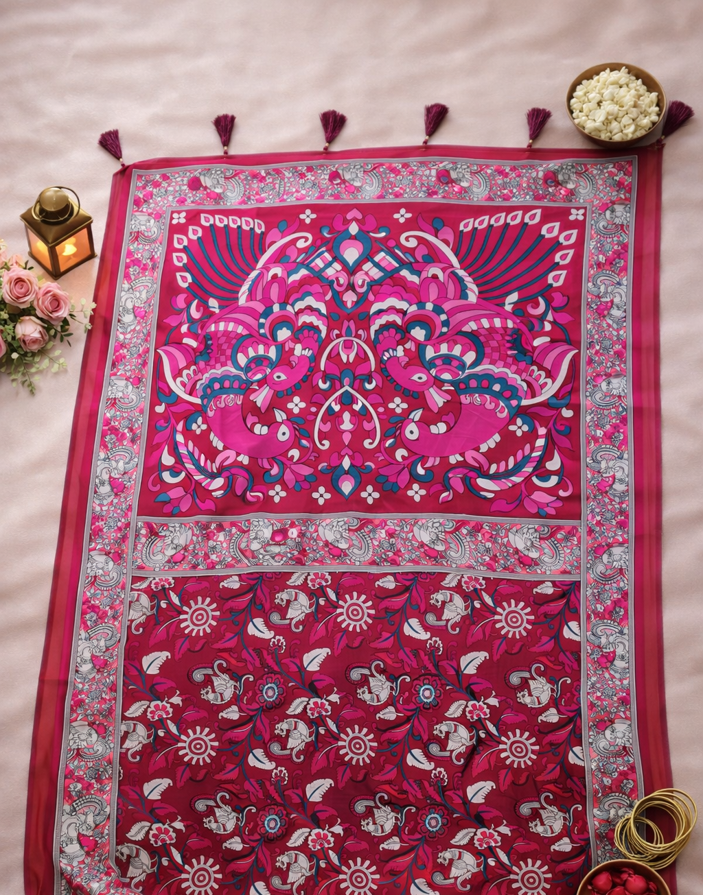 Women's Pink Linen Blend Saree with Kalamkari Border