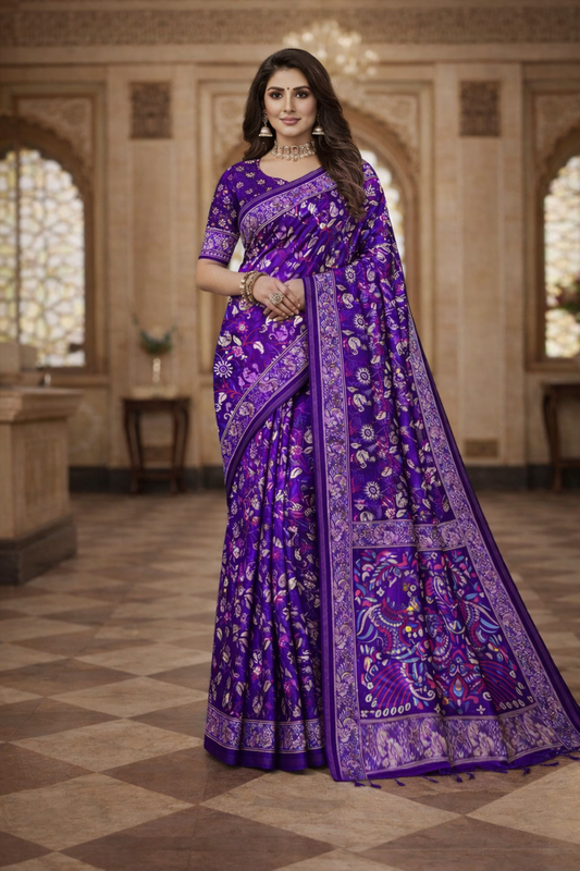 Women's Purple Printed Linen Blend Saree with Kalamkari Border
