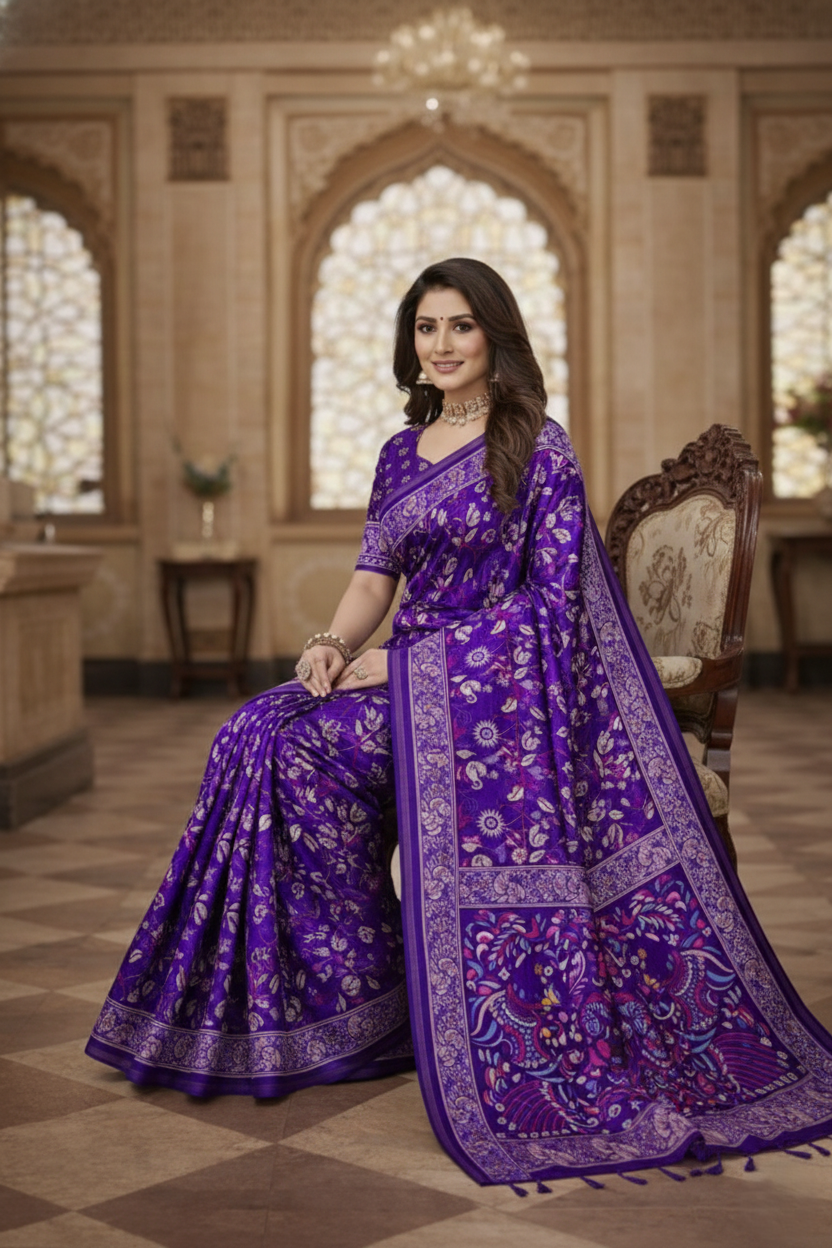 Women's Purple Printed Linen Blend Saree with Kalamkari Border