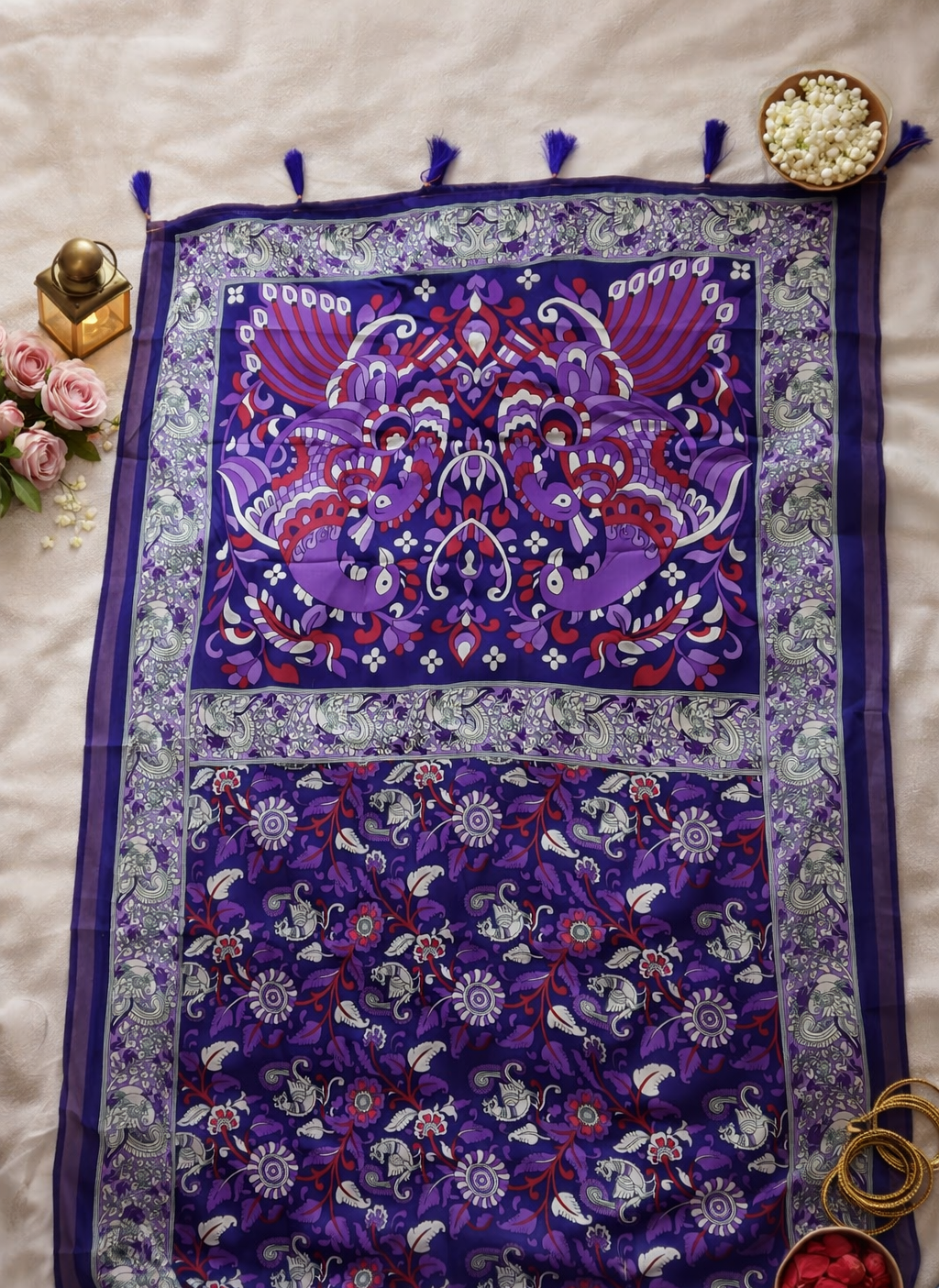 Women's Purple Printed Linen Blend Saree with Kalamkari Border