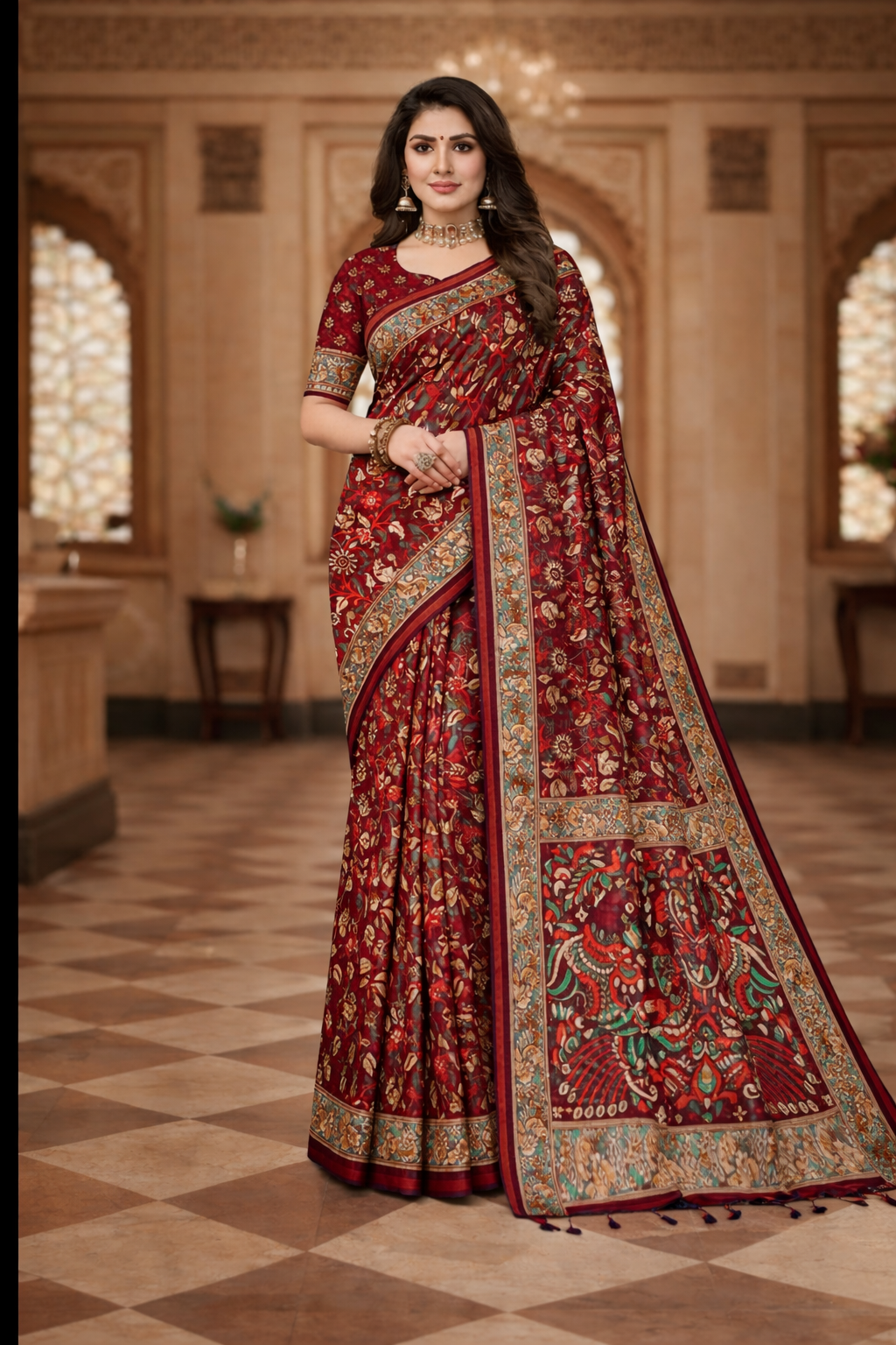 Women's Maroon Printed Linen Blend Saree with Kalamkari Border