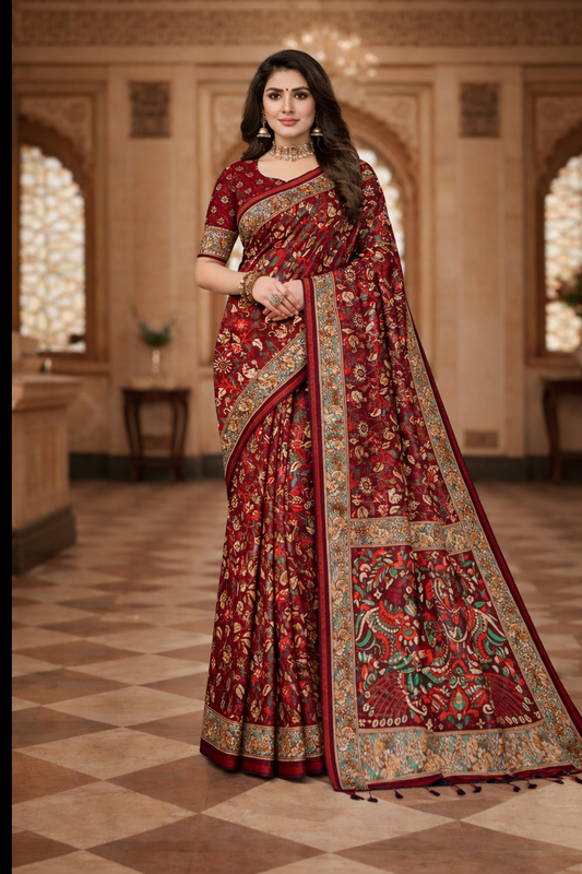 Women's Maroon Printed Linen Blend Saree with Kalamkari Border