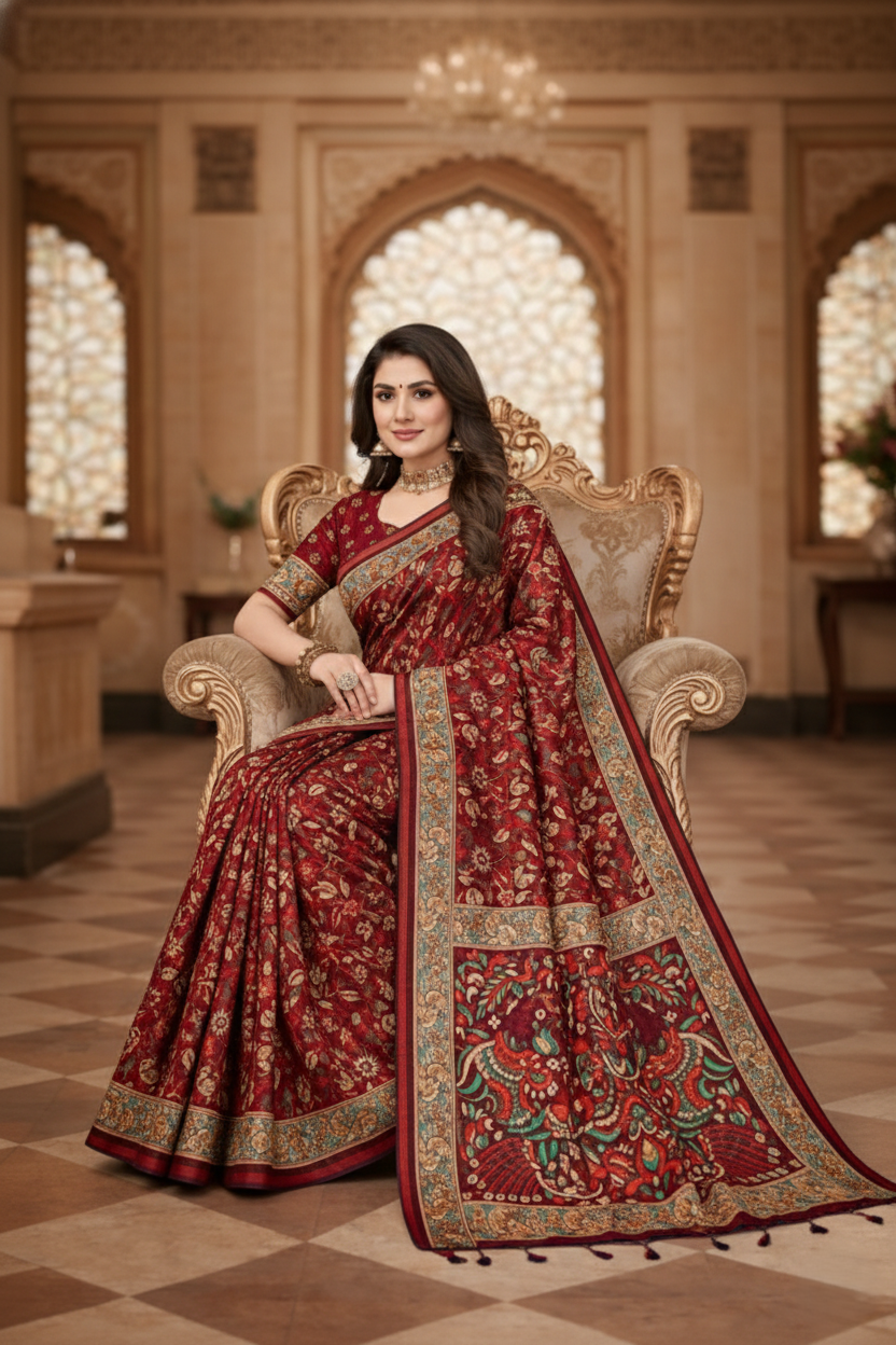 Women's Maroon Printed Linen Blend Saree with Kalamkari Border