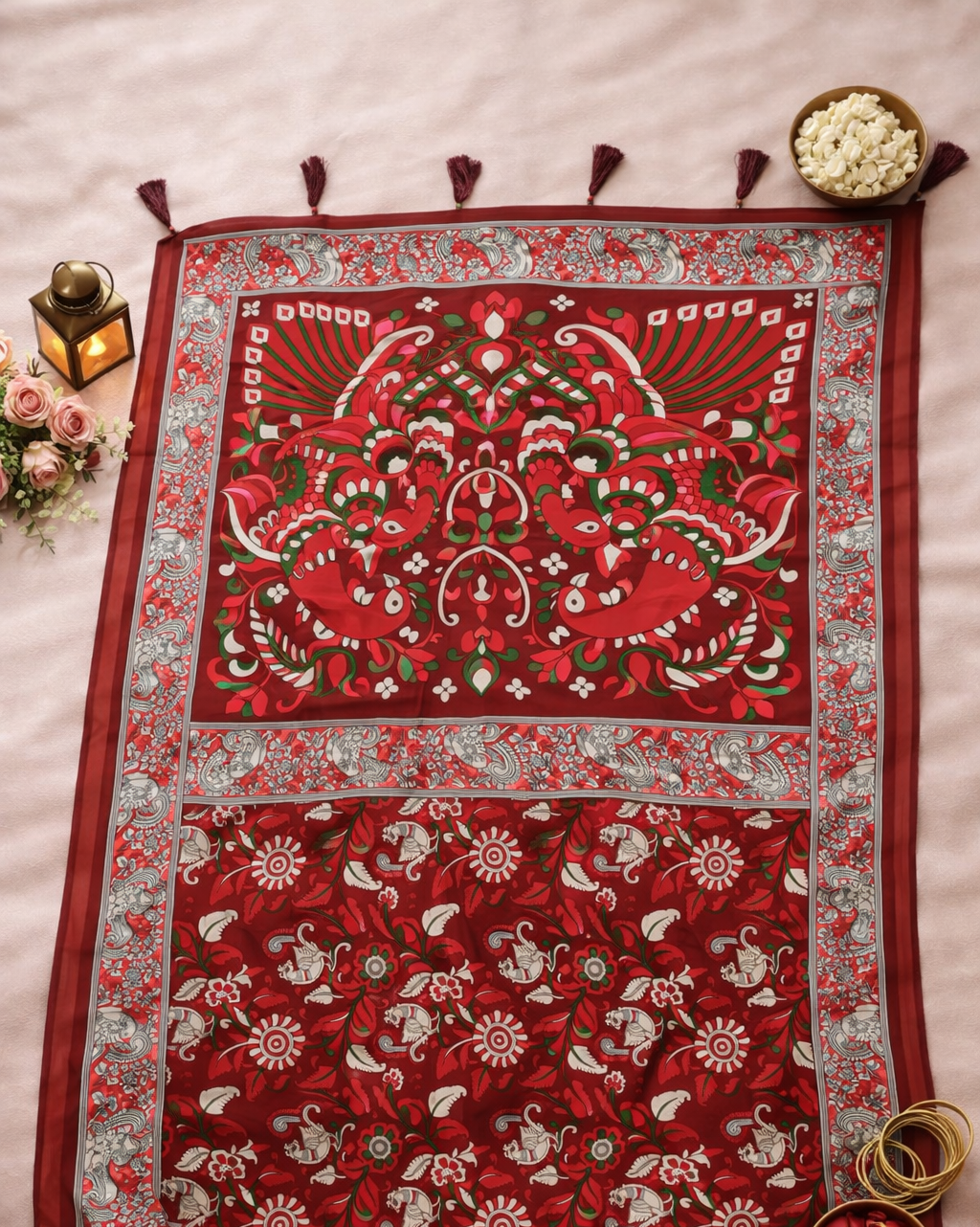 Women's Maroon Printed Linen Blend Saree with Kalamkari Border