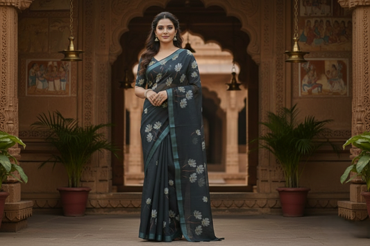 Elegant Grey Floral Printed Saree