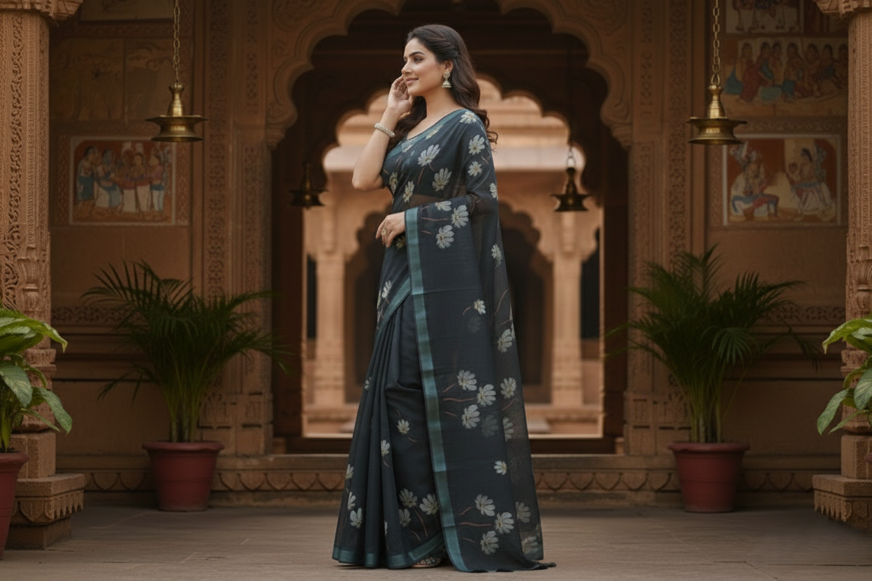 Elegant Grey Floral Printed Saree