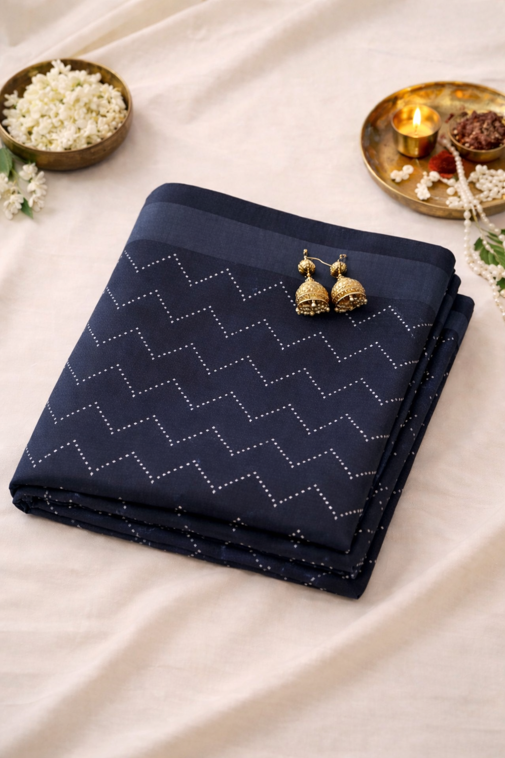 Vibhanya Navy Blue Bandhani Printed Linen Blend Saree with Tassel Pallu