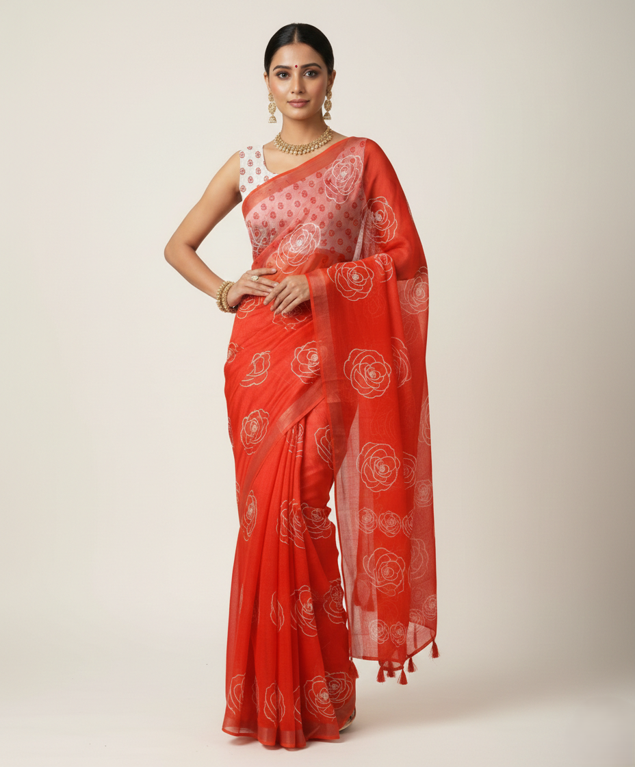 Women's Floral Printed Organza Saree with Tassels