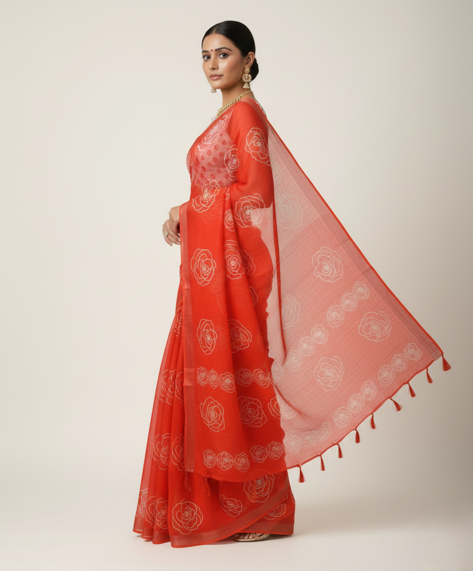 Women's Floral Printed Organza Saree with Tassels
