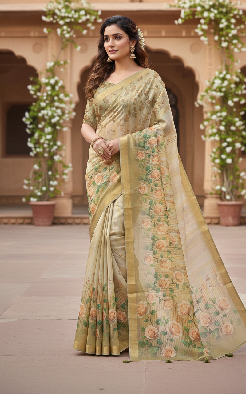 Women's Premium Floral Printed Soft Organza Saree with Tassel Border