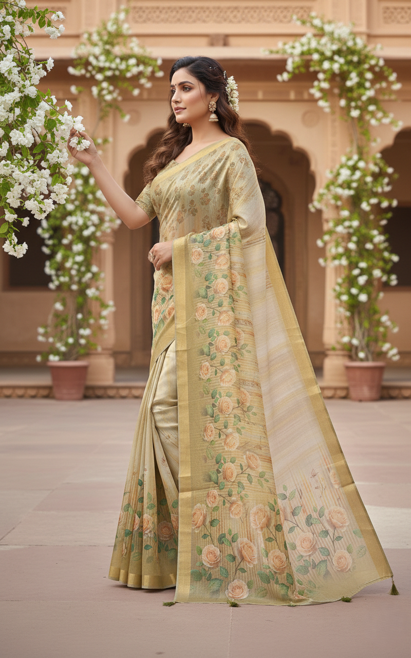 Women's Premium Floral Printed Soft Organza Saree with Tassel Border