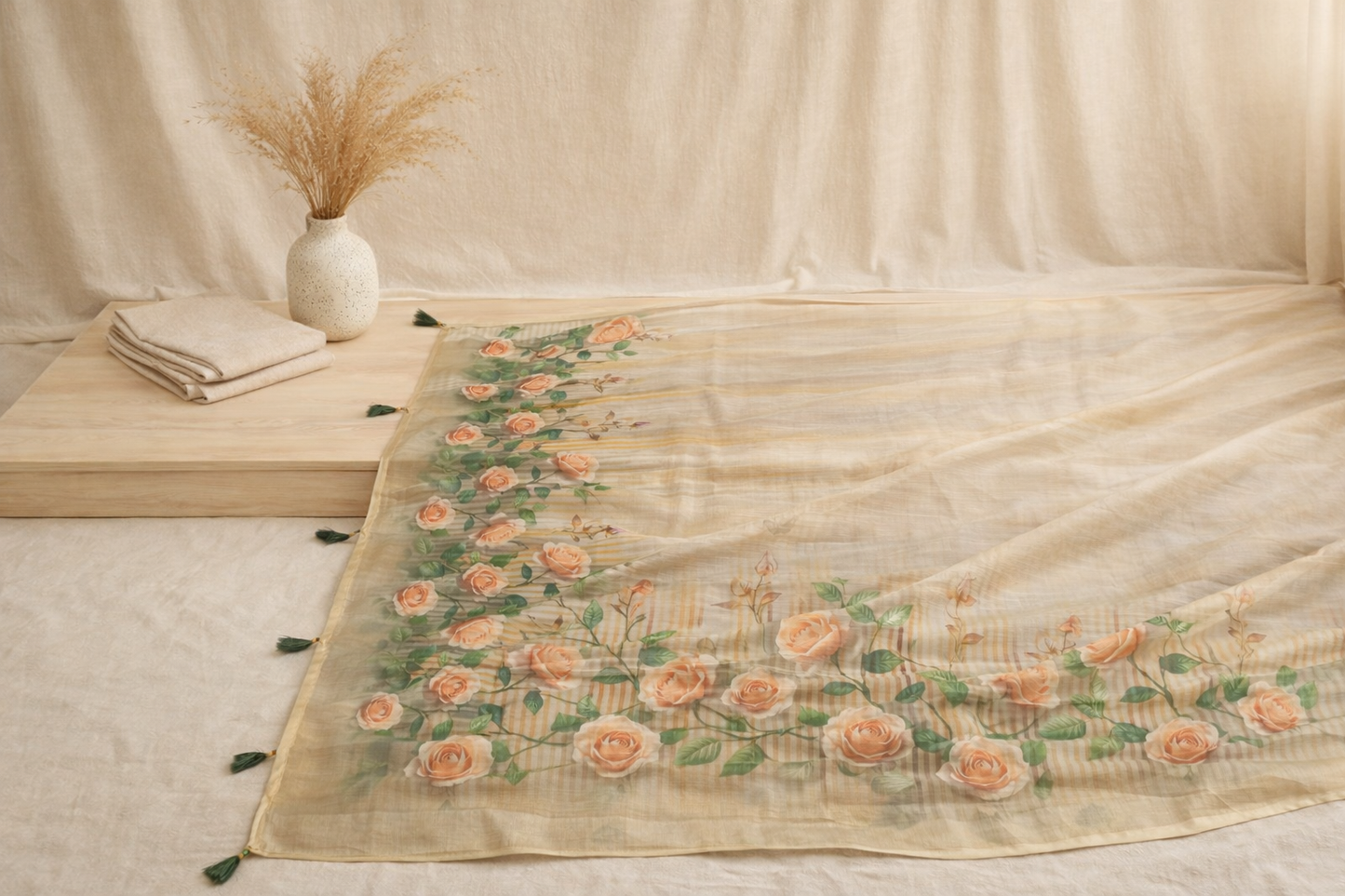 Women's Premium Floral Printed Soft Organza Saree with Tassel Border