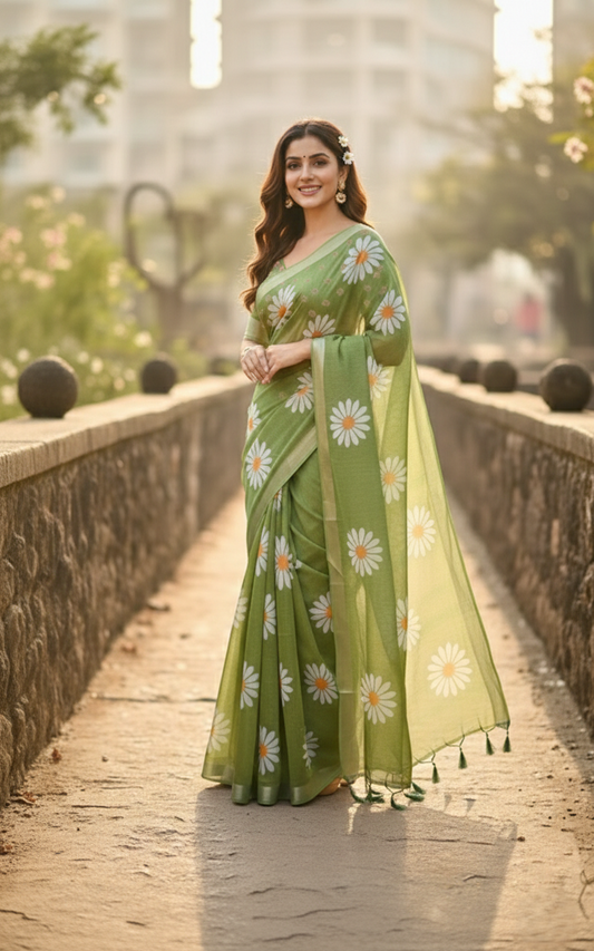Women's Daisy Floral Printed Soft Organza Saree with Tassel Border
