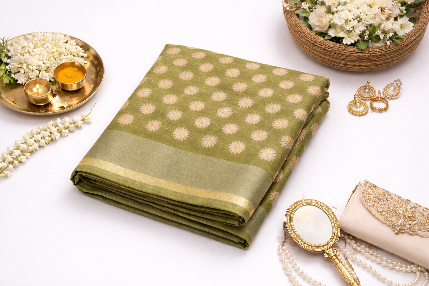 Women's Daisy Floral Printed Soft Organza Saree with Tassel Border