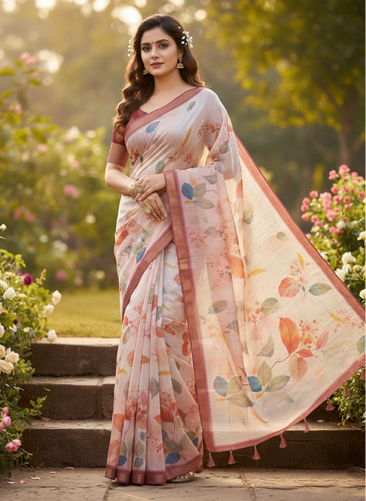 Women's Pastel Floral Printed Soft Organza Saree with Tassel Border