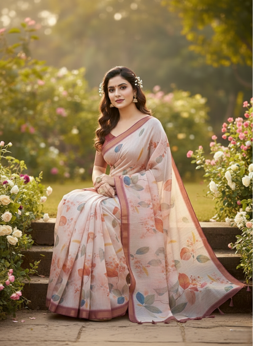 Women's Pastel Floral Printed Soft Organza Saree with Tassel Border