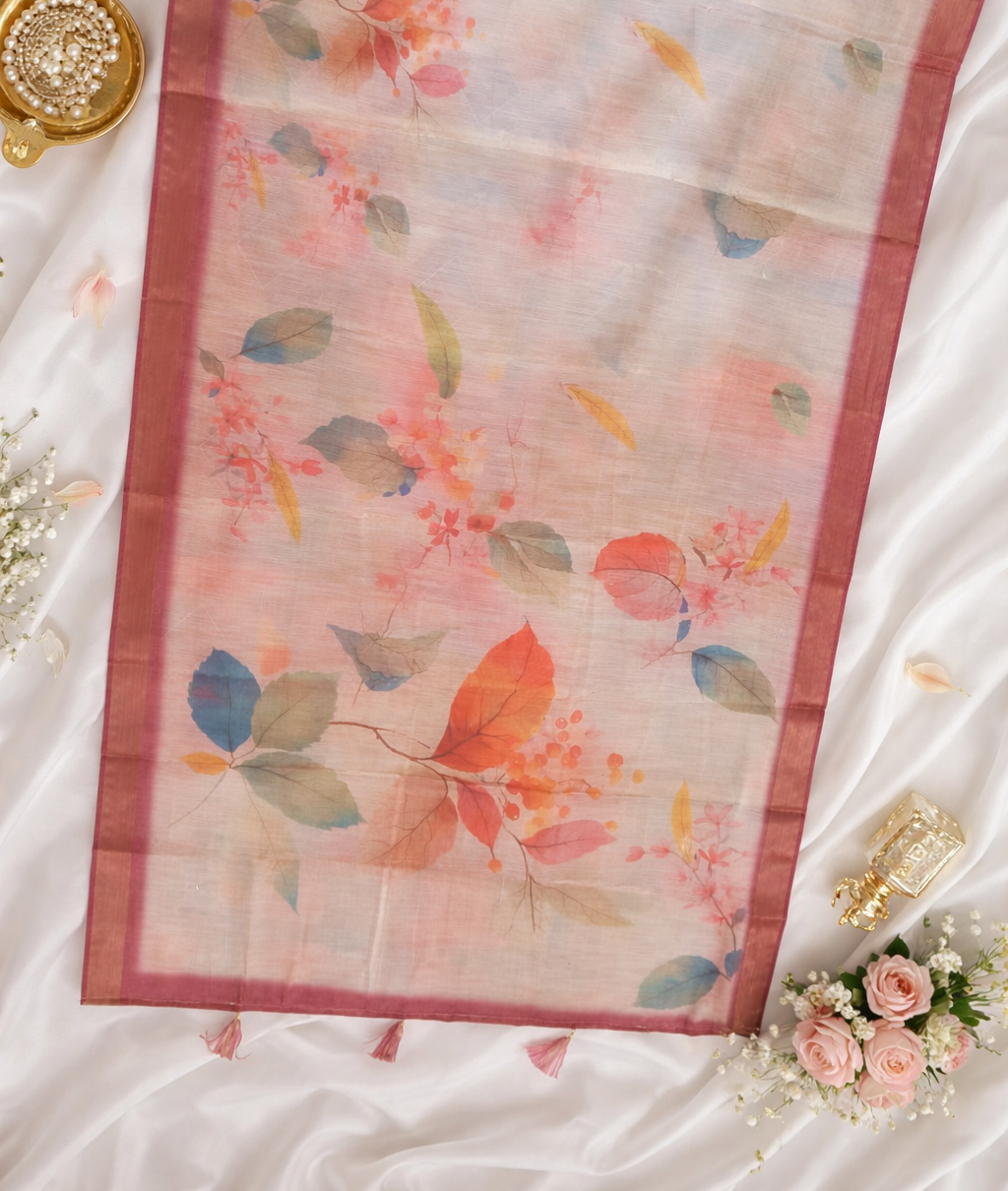 Women's Pastel Floral Printed Soft Organza Saree with Tassel Border