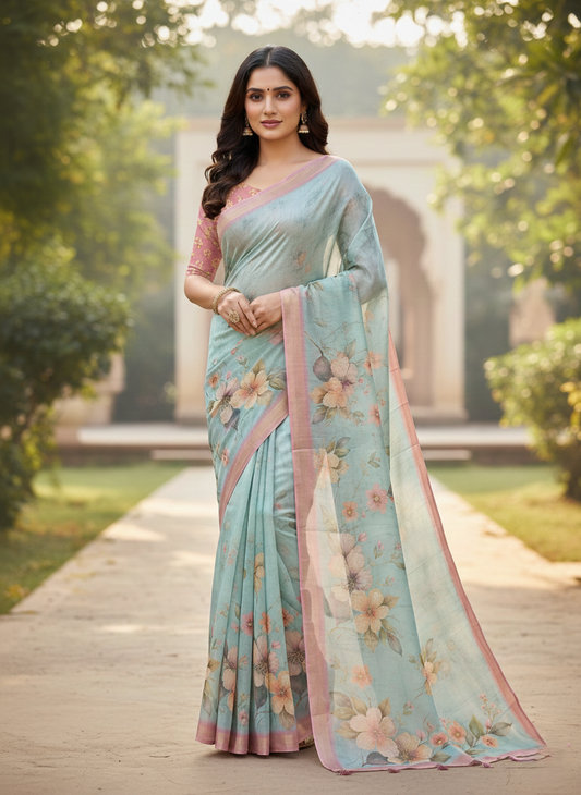 Women's Floral Printed Soft Organza Saree with Elegant Border & Tassels