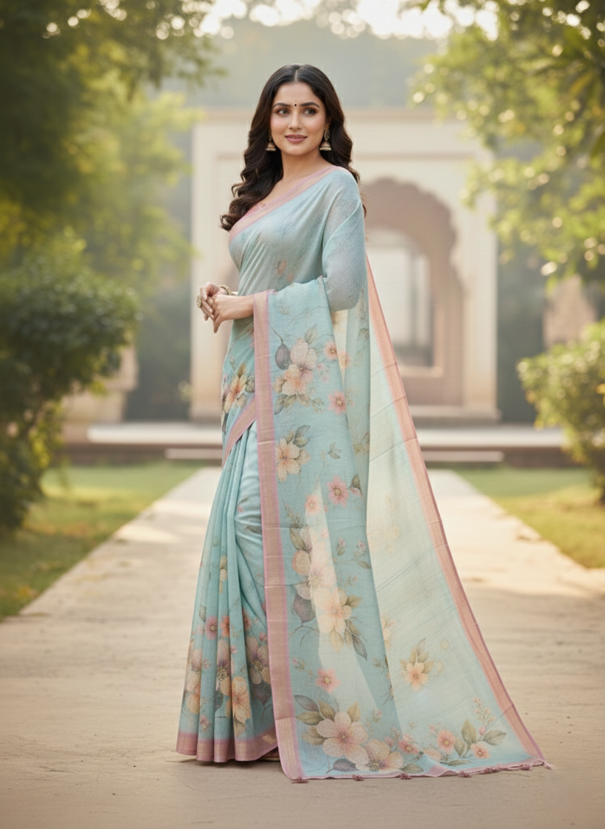 Women's Floral Printed Soft Organza Saree with Elegant Border & Tassels