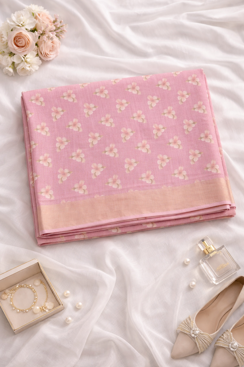 Women's Floral Printed Soft Organza Saree with Elegant Border & Tassels