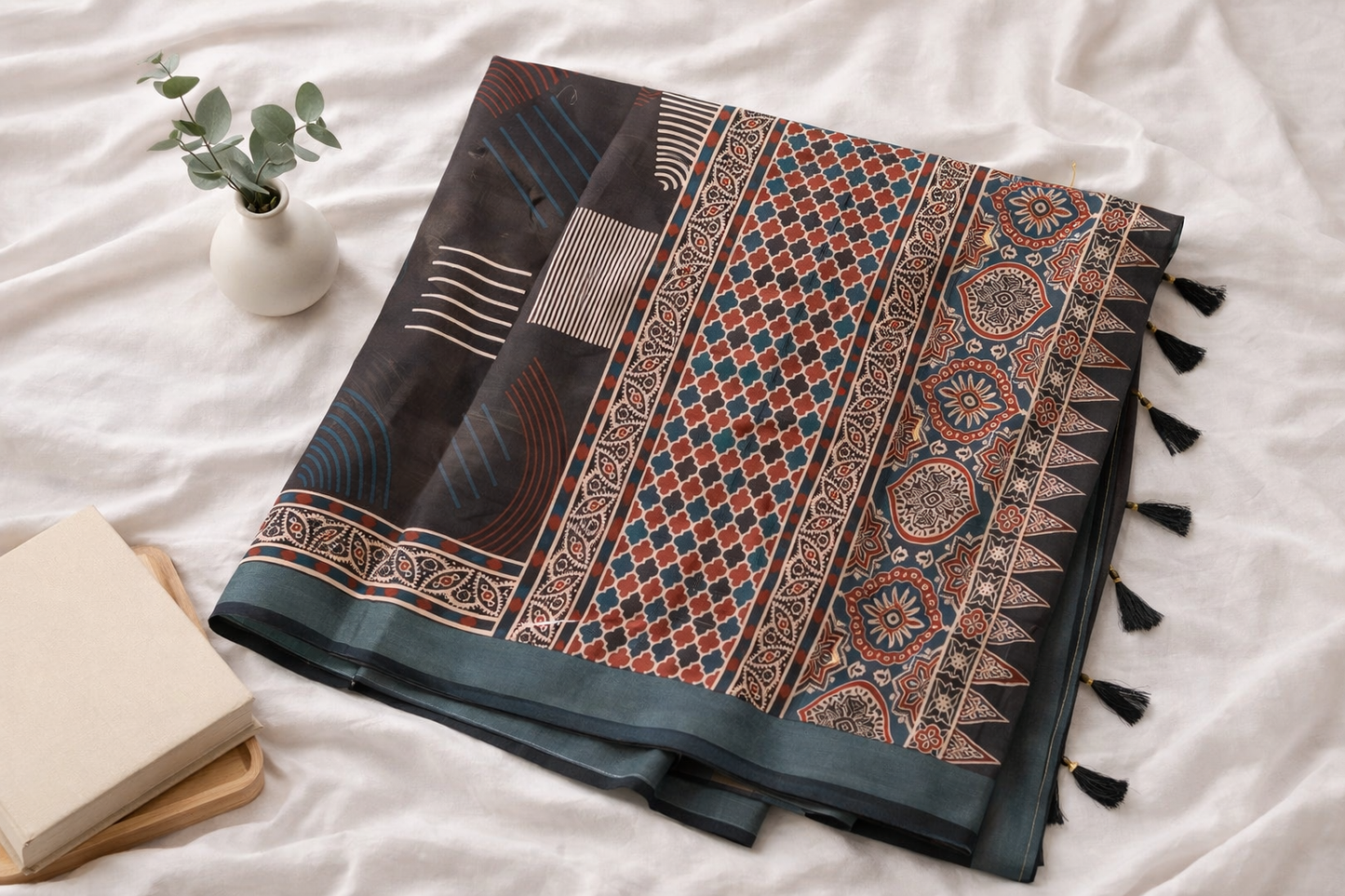Women's Ajrakh Printed Soft Organza Saree with Tassel Border