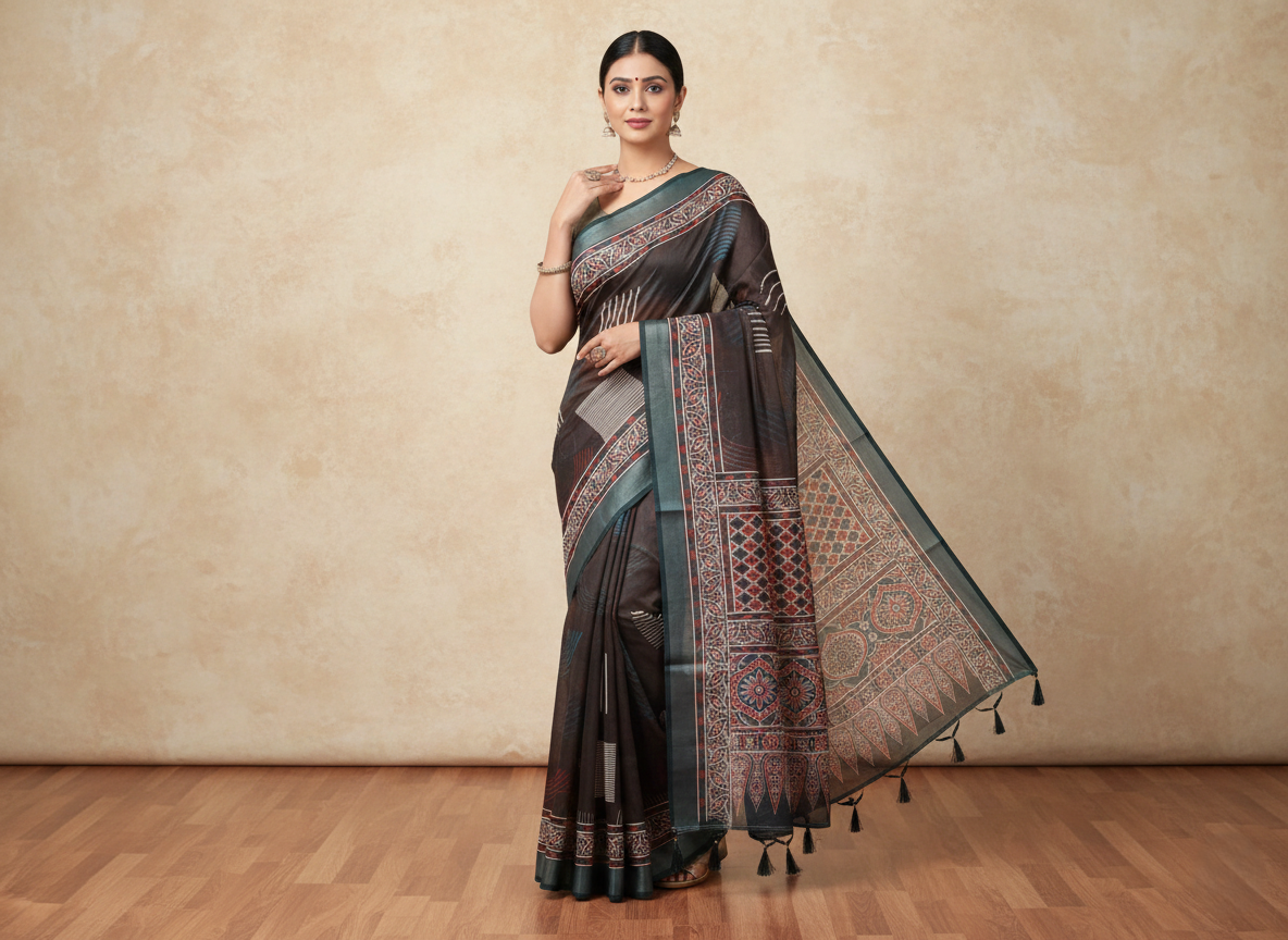 Women's Ajrakh Printed Soft Organza Saree with Tassel Border