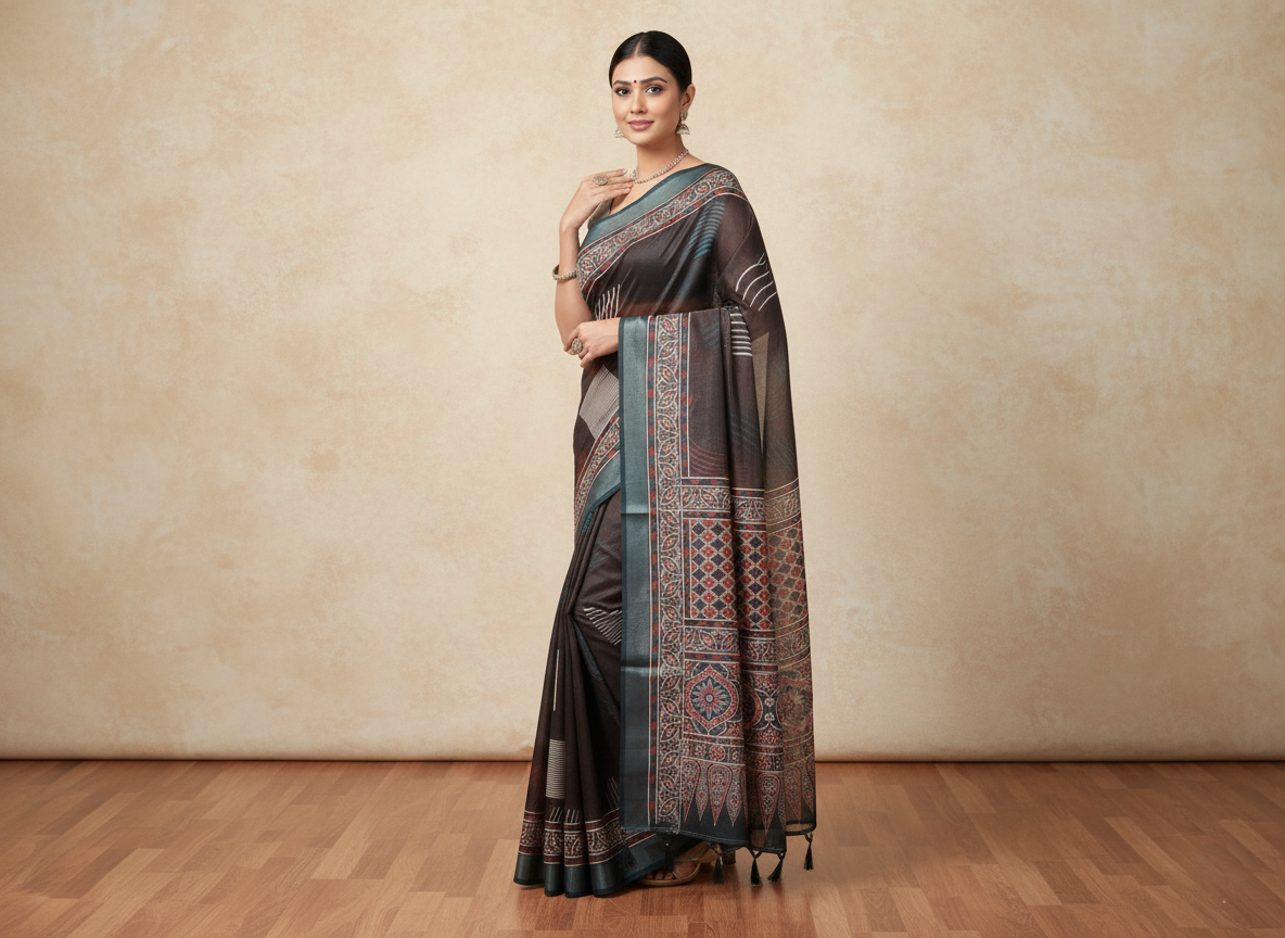Women's Ajrakh Printed Soft Organza Saree with Tassel Border