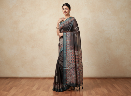Women's Ajrakh Printed Soft Organza Saree with Tassel Border