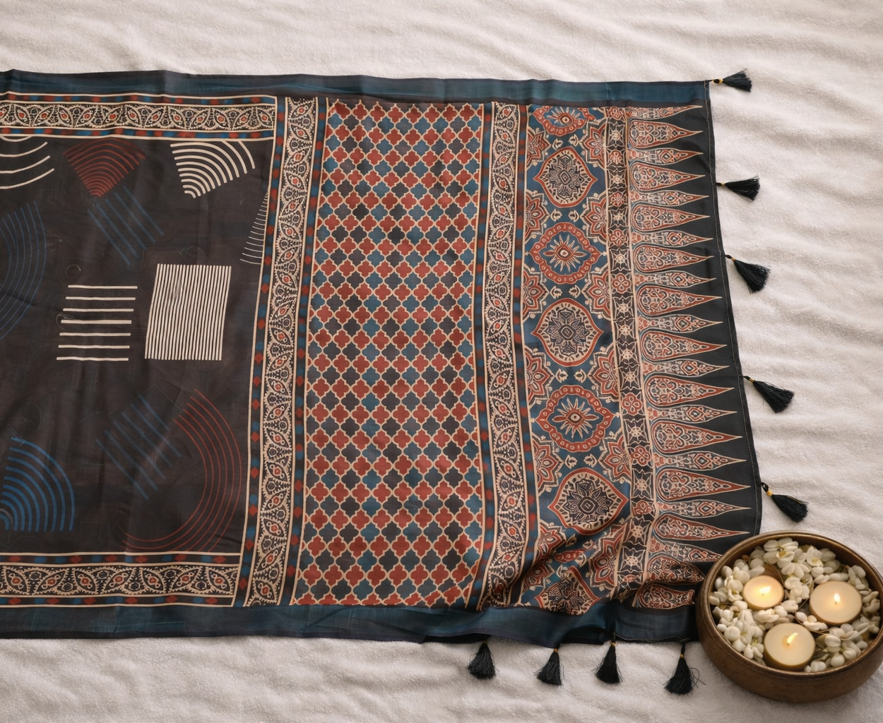 Women's Ajrakh Printed Soft Organza Saree with Tassel Border