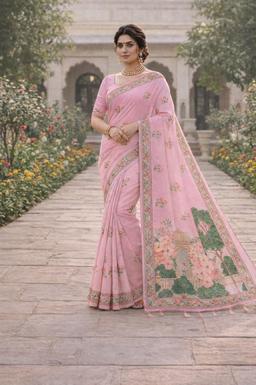 Heritage Garden Printed Soft Organza Saree with Tassel Border