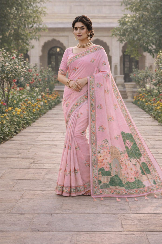 Heritage Garden Printed Soft Organza Saree with Tassel Border